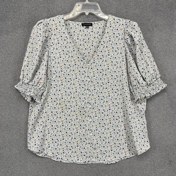 Pleione Blouse Womens Large Blue Floral V-Neck Button Front Puff Sleeve Top - Picture 1 of 13